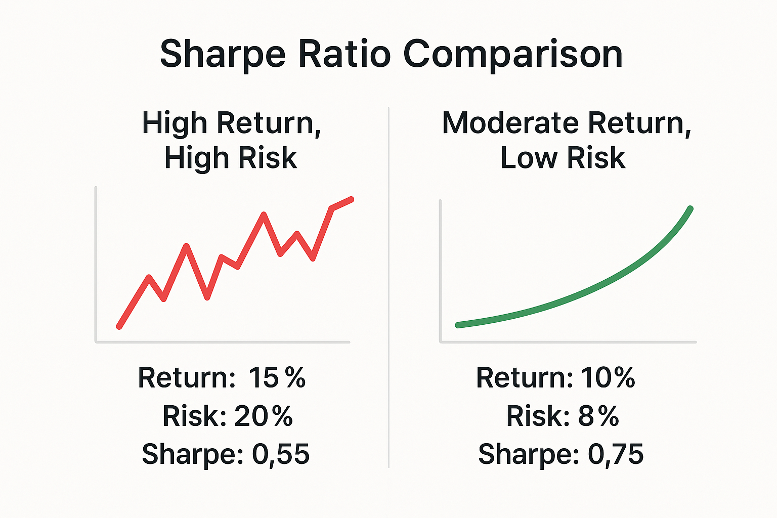 Visual comparison in 1024x1024 square format showing two investment portfolios side by side. Left side: "High Return, High Risk" with jagged