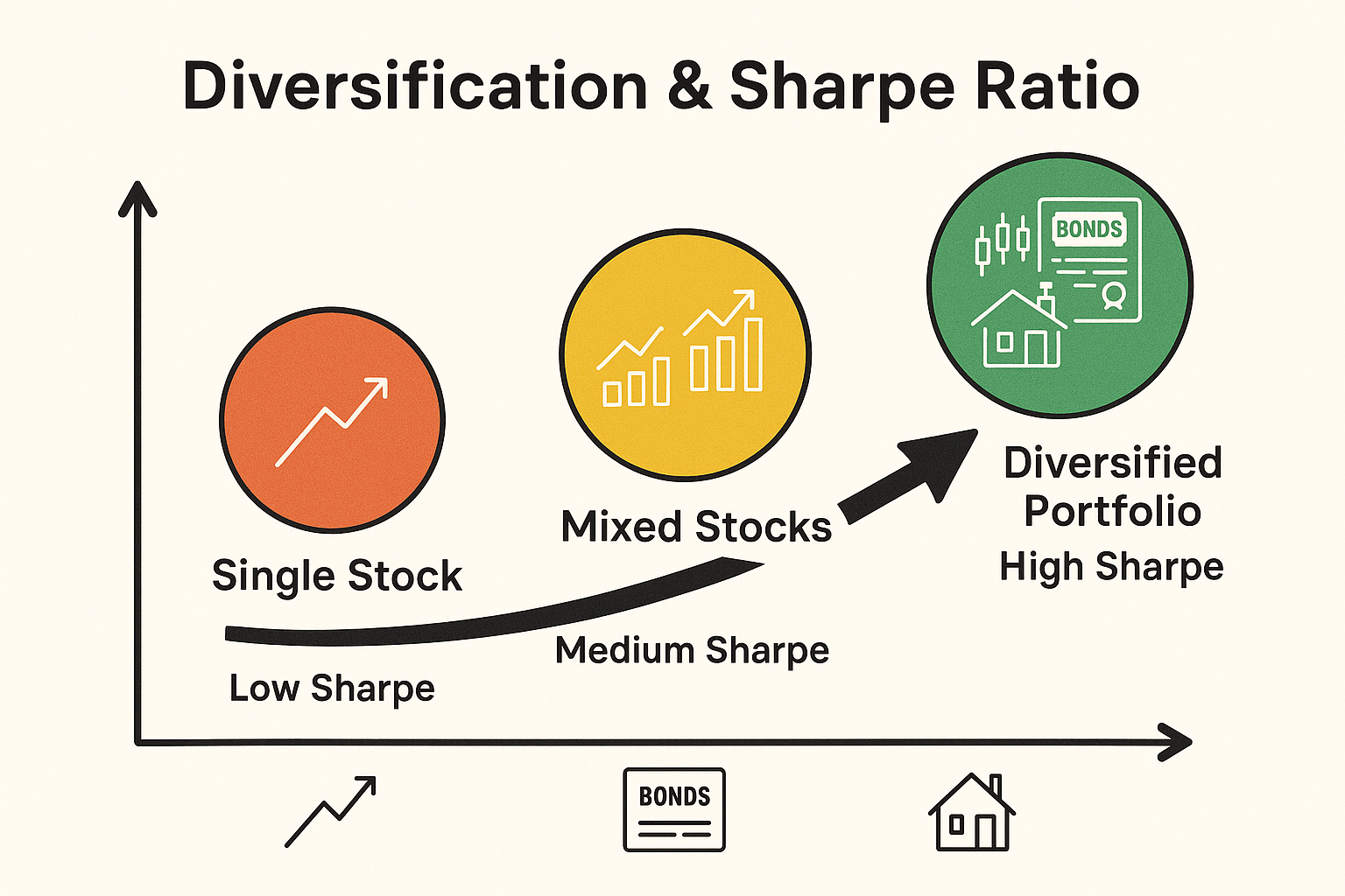 Educational diagram in 1536x1024 landscape format illustrating how diversification improves Sharpe Ratio. Show three portfolio circles: "Sin