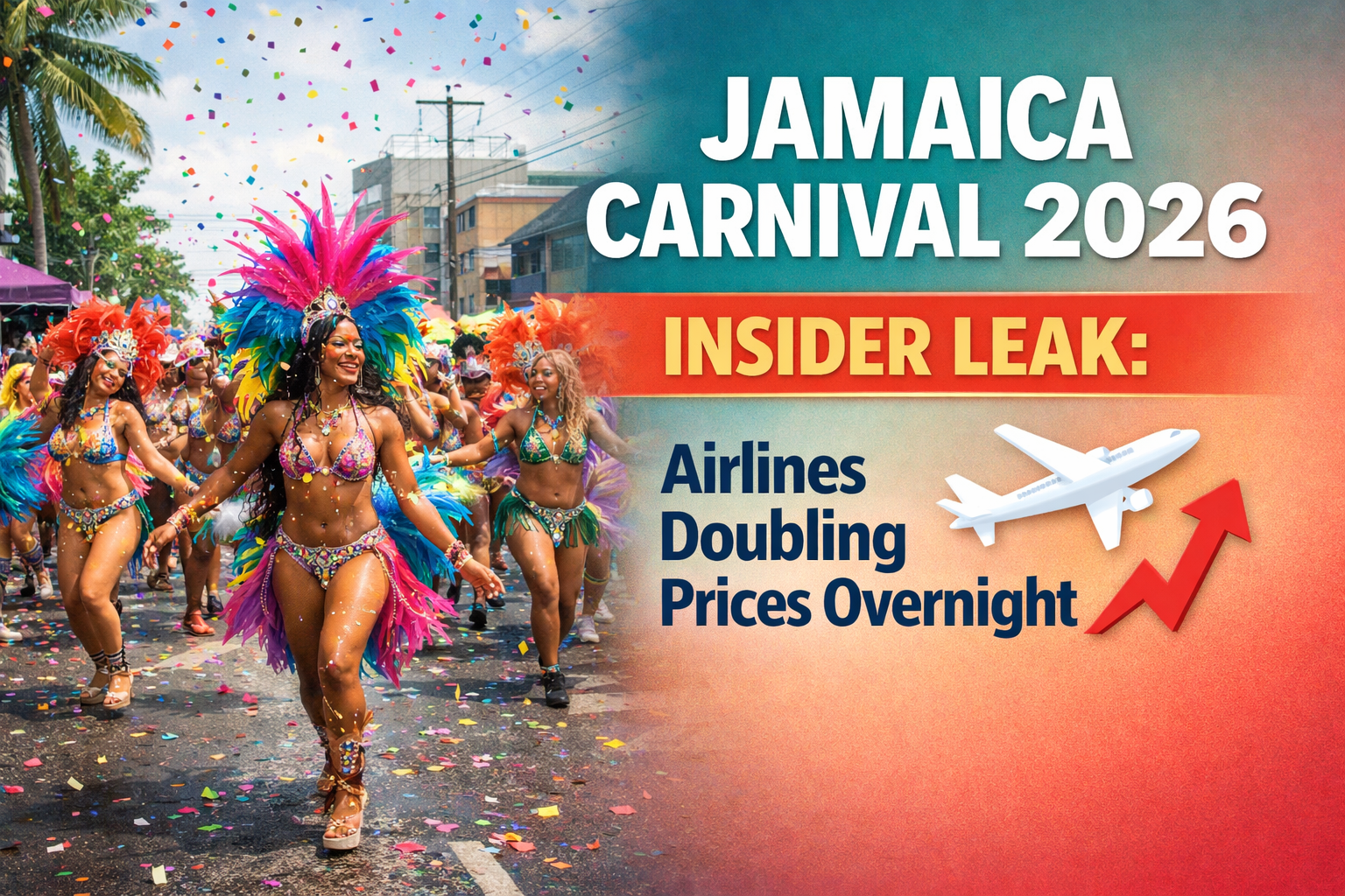 Cover image in 1536x1024 landscape format. Split composition: left side shows a vibrant Jamaica Carnival road march scene with colorful feat