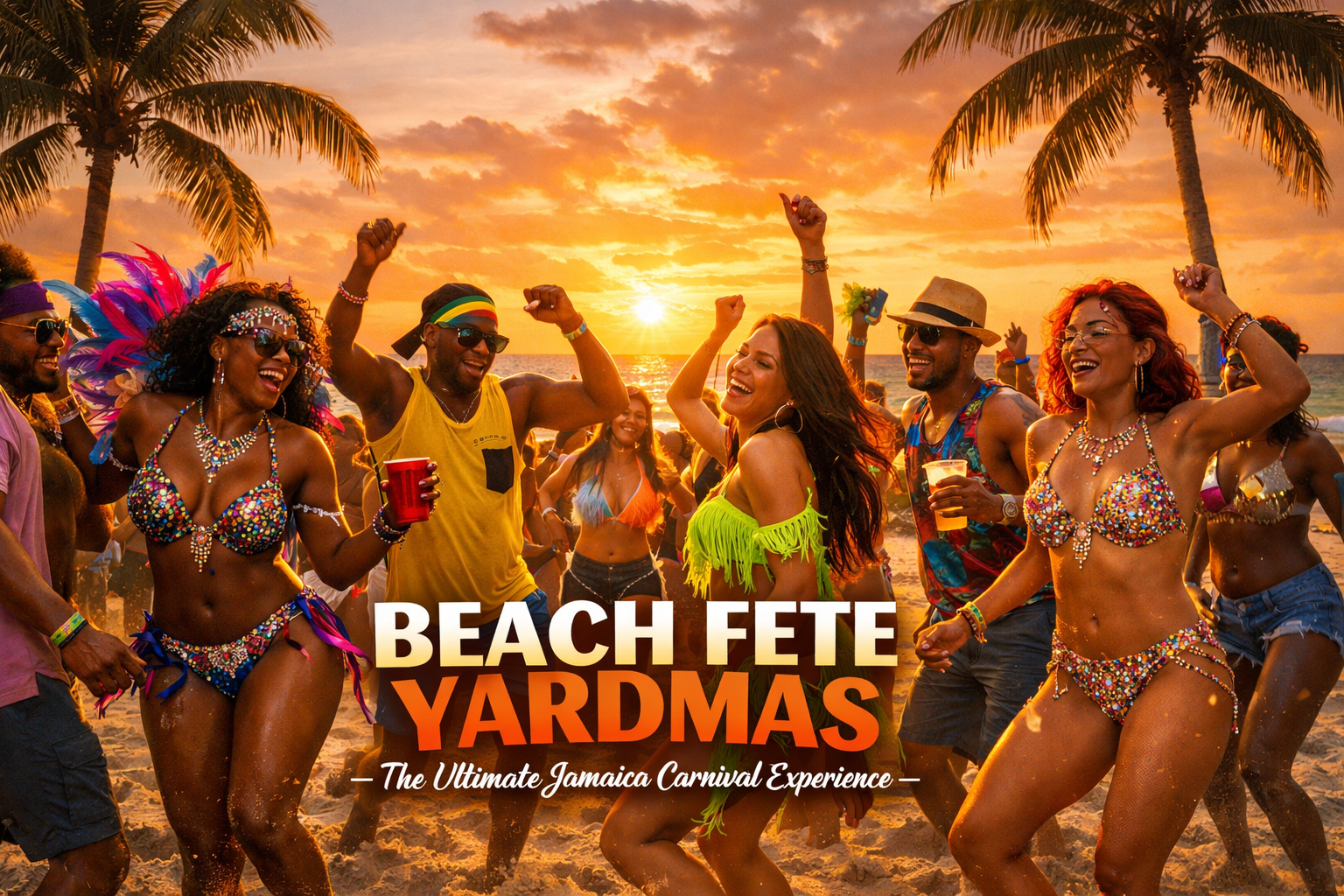 Square image 1024x1024 featuring a vibrant beach fete scene. Foreground shows diverse group of carnival-goers in colorful outfits dancing on