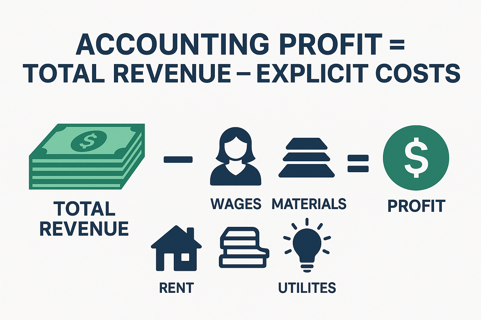 Create a 1536x1024 landscape infographic showing the accounting profit formula. Display "Accounting Profit = Total Revenue - Explicit Costs"