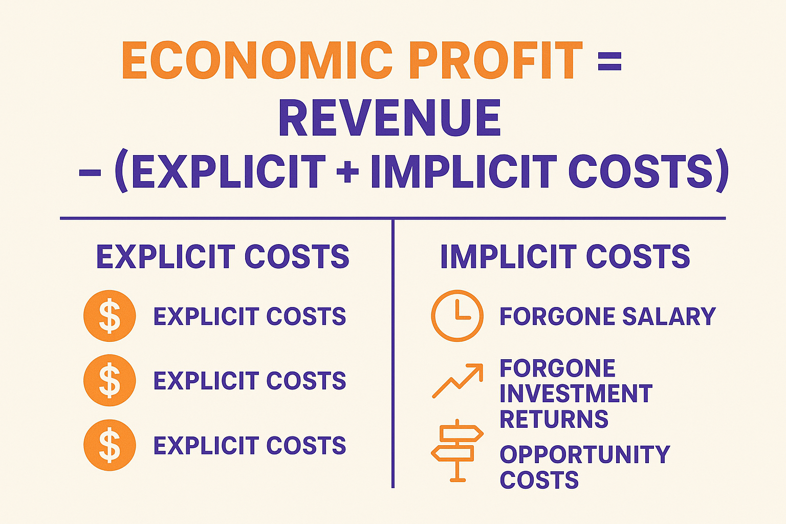 Create a 1536x1024 landscape infographic showing the economic profit formula. Display "Economic Profit = Revenue - (Explicit + Implicit Cost