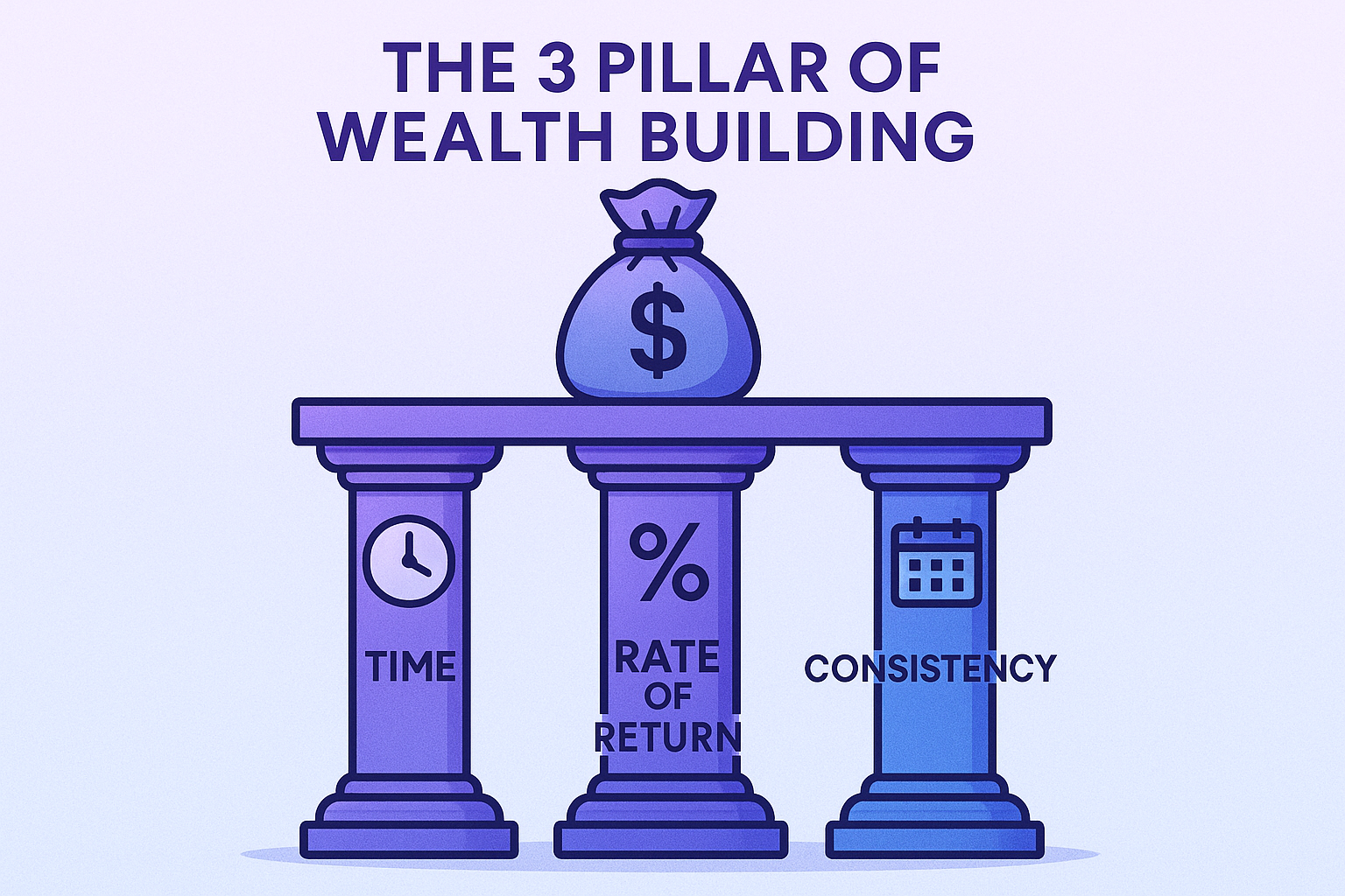Illustration (1024x1024 square): A visual representation of "The Three Pillars of Compound Interest" showing three strong pillars supporting