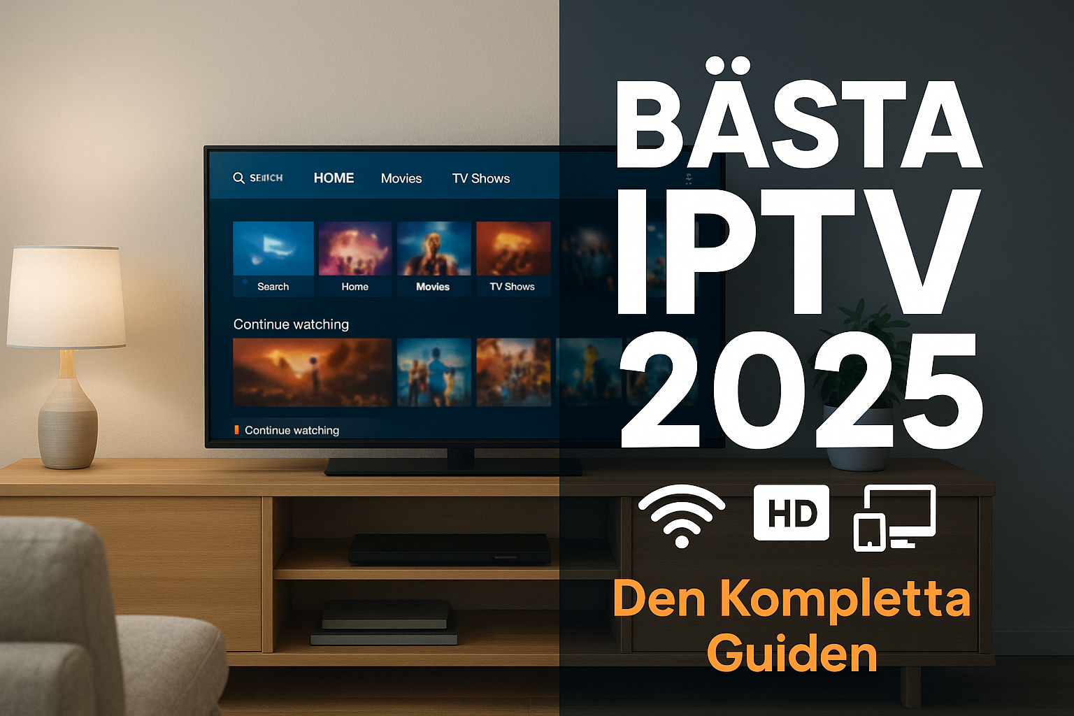 Create a professional landscape cover image (1536x1024) for an IPTV blog post. The background should feature a modern living room setup with