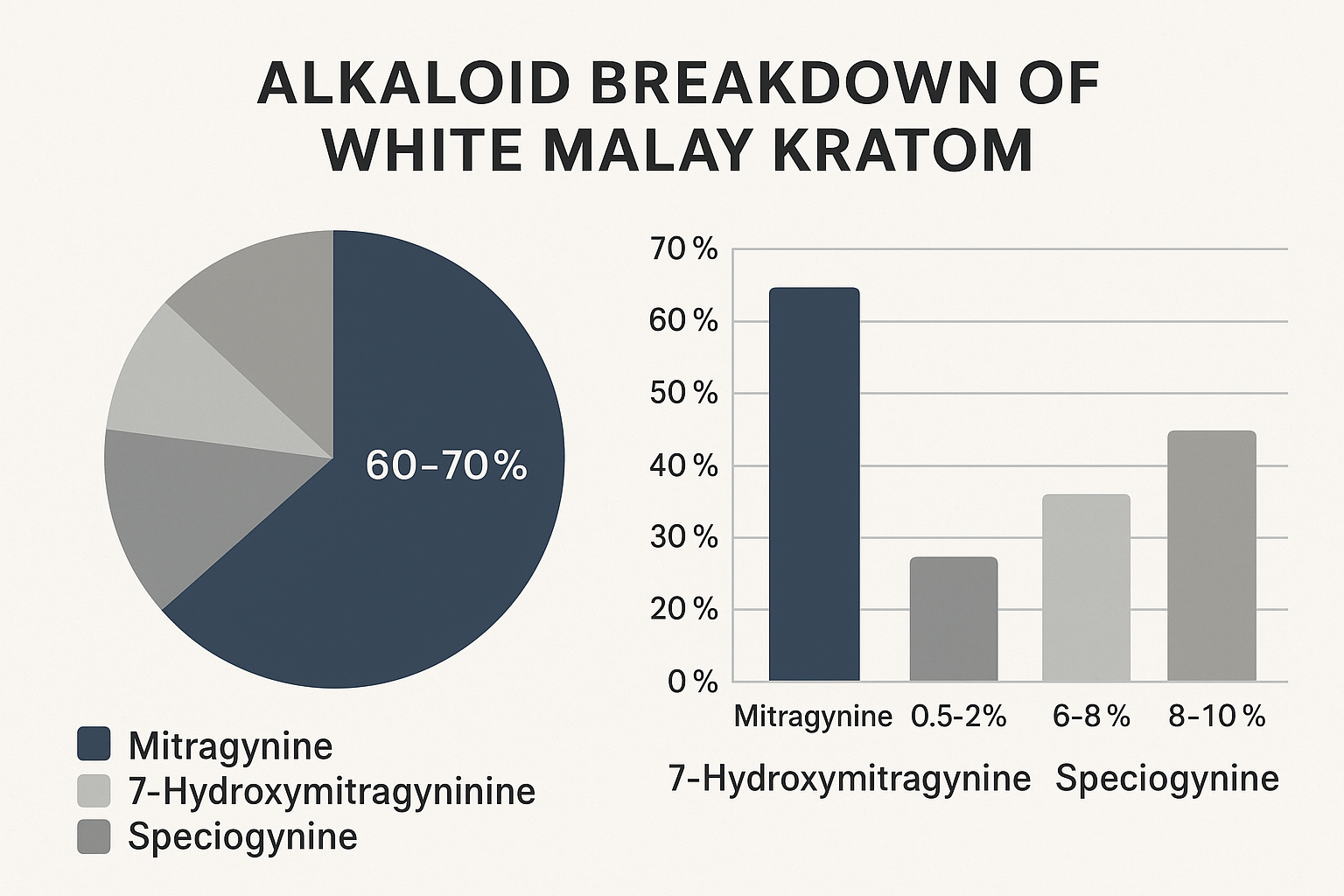 Design a 1536x1024 infographic showing the alkaloid breakdown of White Malay kratom. Include pie charts and bar graphs displaying mitragynin