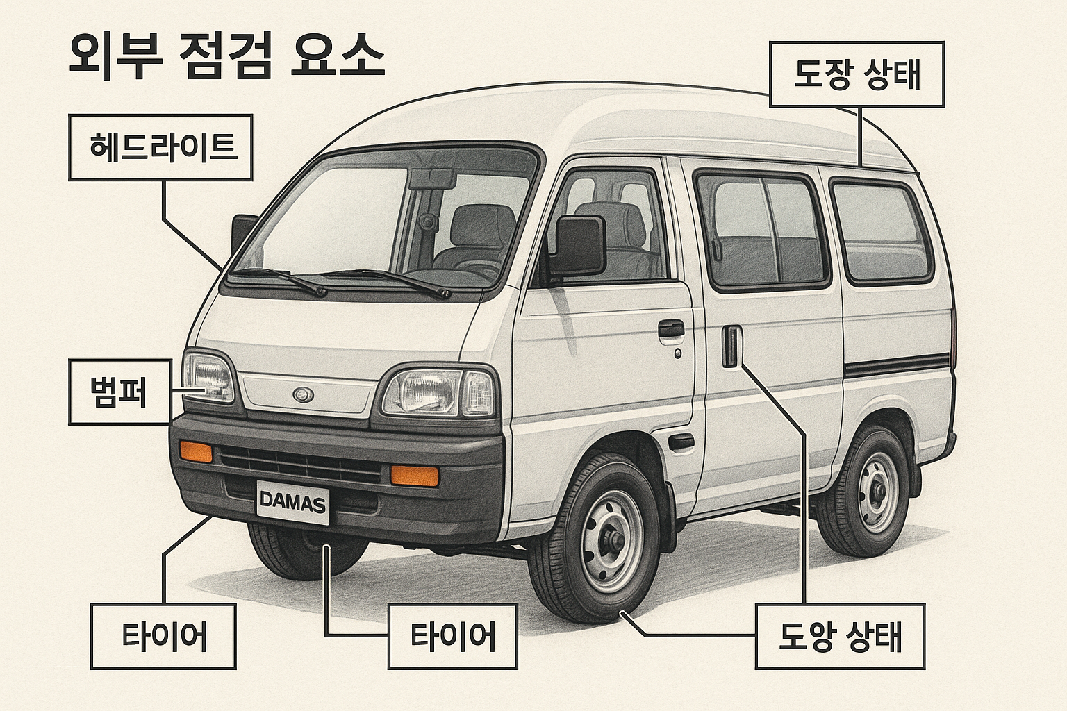 1024x1024 square A detailed illustration showing the exterior inspection points of a Damas van. Highlight key areas to check including headl