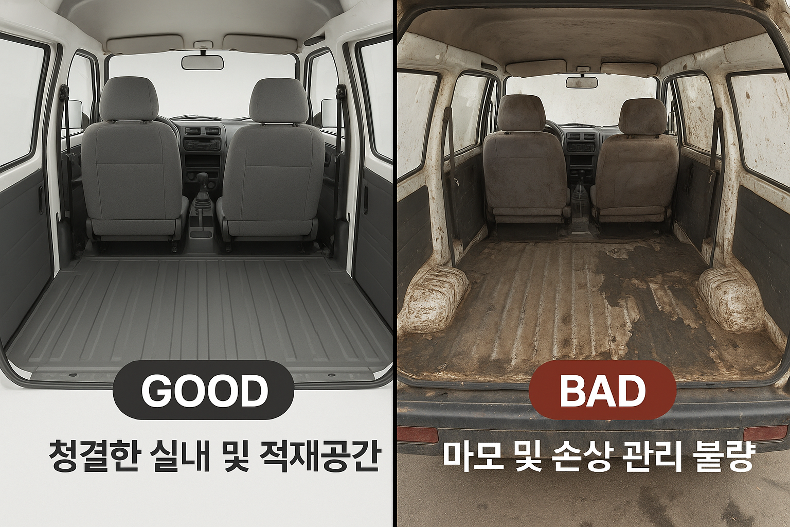 1024x1024 square A split-screen comparison image showing "Good vs Bad" examples of Damas interior and cargo area conditions. Left side shows