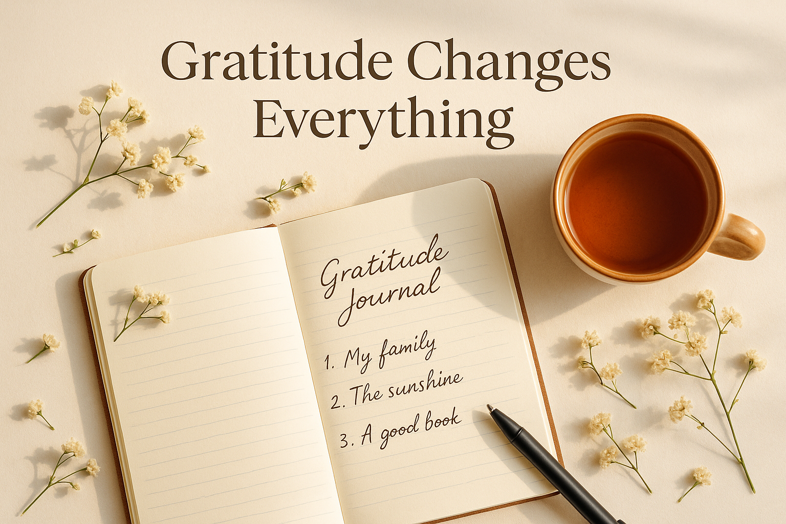 Create a 1024x1024 square image showing a beautiful flat lay of a gratitude journal open with handwritten text, a pen, a cup of tea, and sma