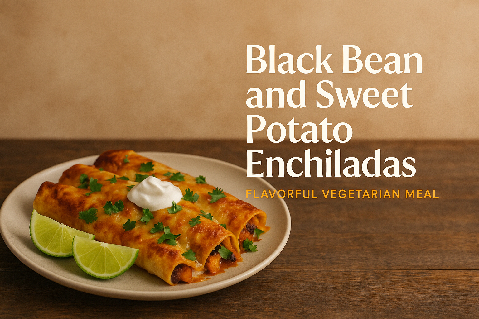 Create a landscape cover image (1536x1024) featuring a beautifully plated serving of black bean and sweet potato enchiladas on a rustic wood