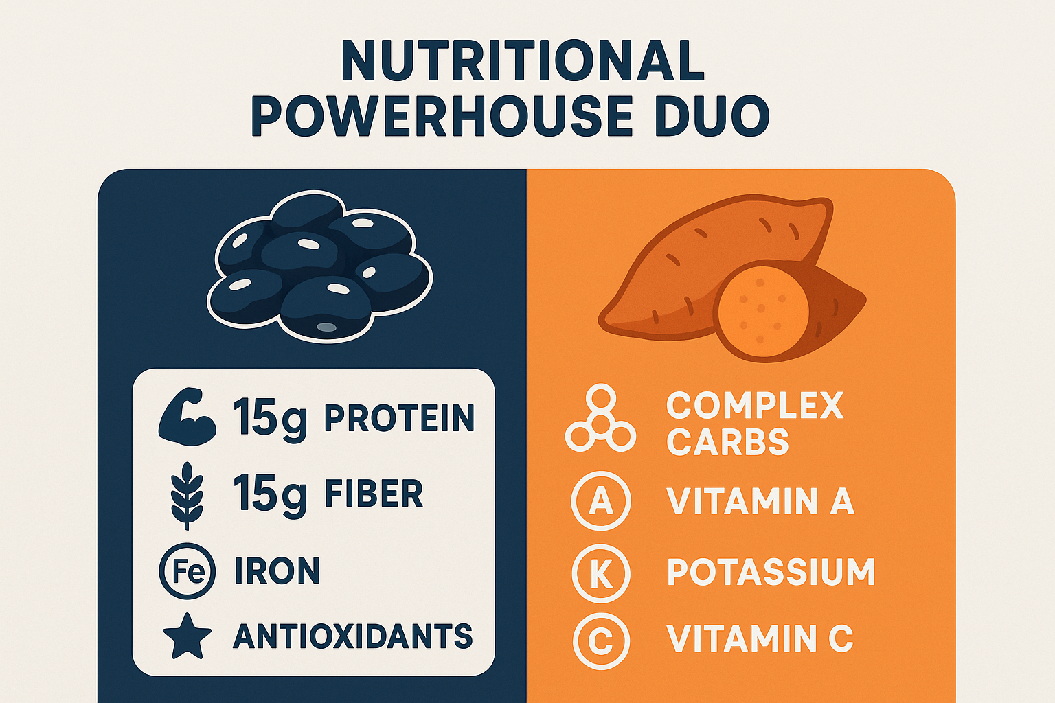Create a square infographic image (1024x1024) showing the nutritional benefits comparison between black beans and sweet potatoes. Divide the