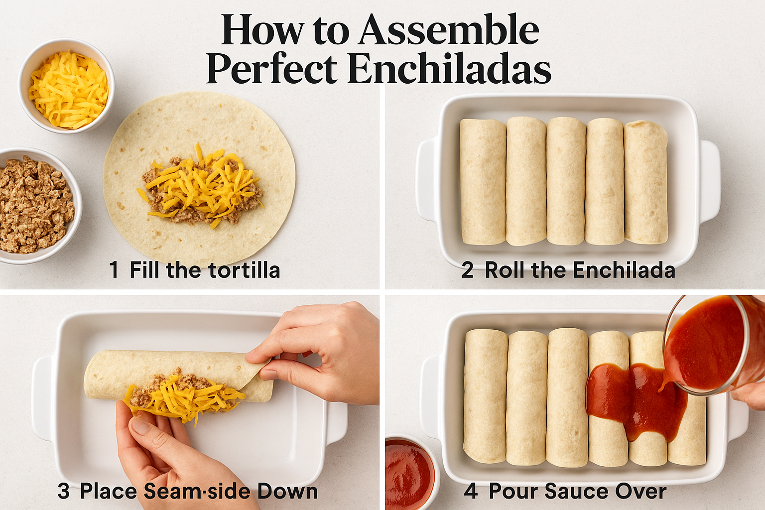 Create a landscape step-by-step visual guide (1536x1024) showing the enchilada assembly process in 4 clear panels. Panel 1: Warm tortilla be
