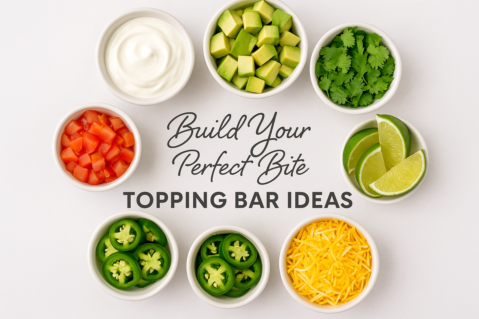 Create a square image (1024x1024) displaying a colorful topping bar setup for enchiladas. Show small bowls arranged in a circular pattern co