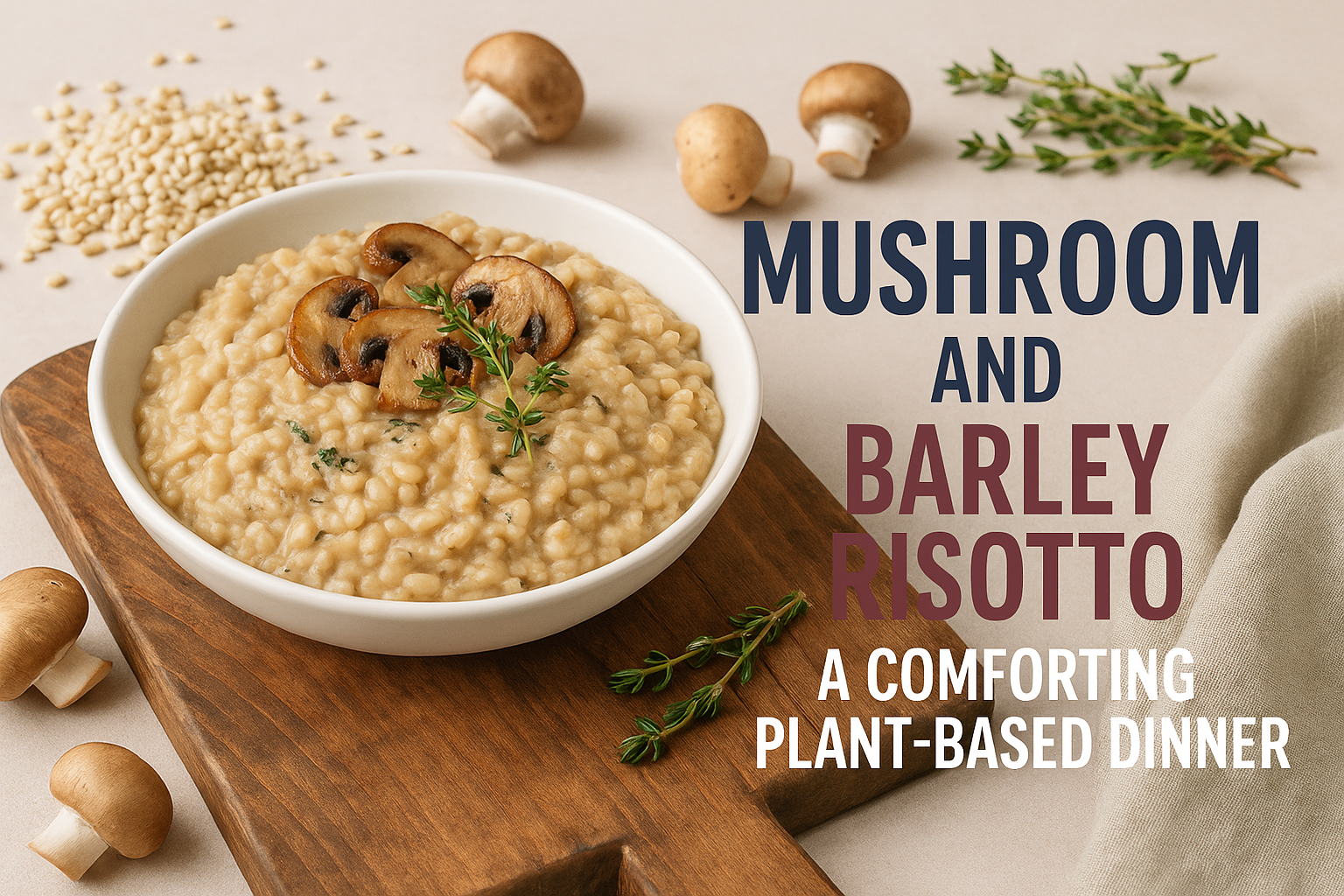A beautifully styled landscape cover image (1536x1024) showing a rustic wooden table with a white ceramic bowl filled with creamy mushroom a