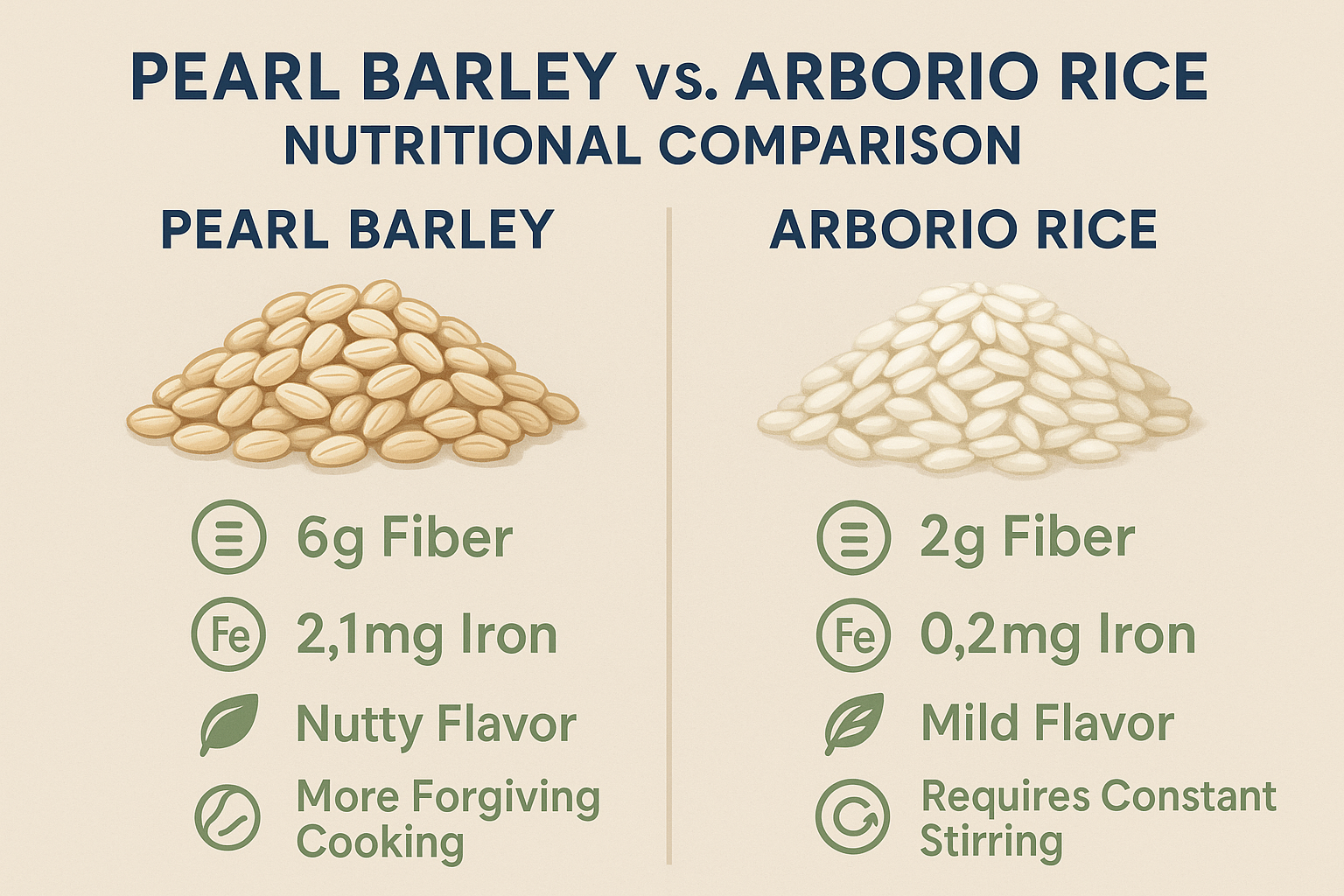 A detailed infographic in landscape format (1536x1024) comparing pearl barley versus Arborio rice for risotto. The image is split into two c