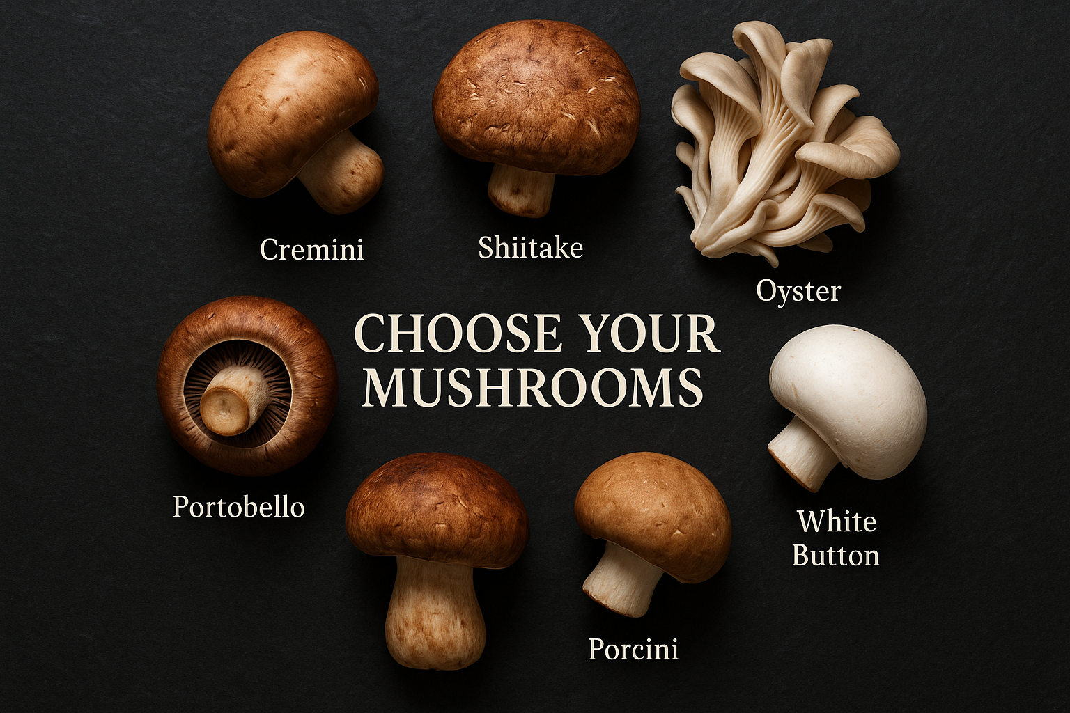 A square format image (1024x1024) showcasing six different types of mushrooms arranged in a circular pattern on a dark slate surface. Each m