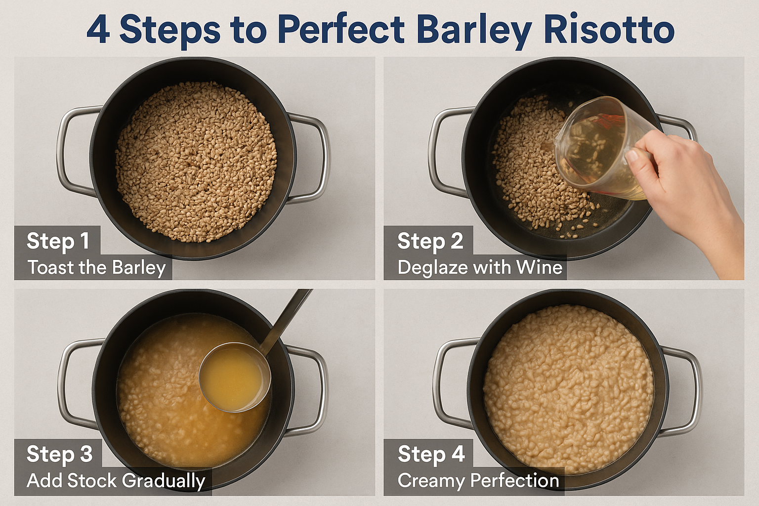 A step-by-step visual guide in landscape format (1536x1024) showing four key stages of making barley risotto. The image is divided into four