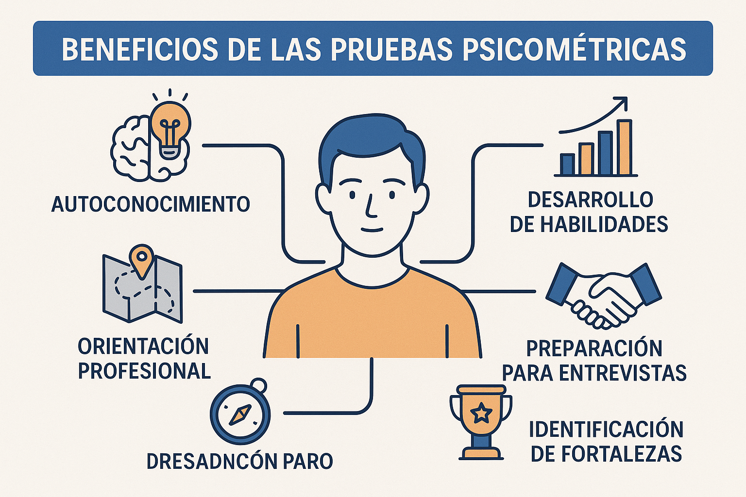 Create a 1536x1024 landscape infographic titled "Beneficios de las Pruebas Psicométricas" in Spanish. Show a central figure with 4-5 branchi