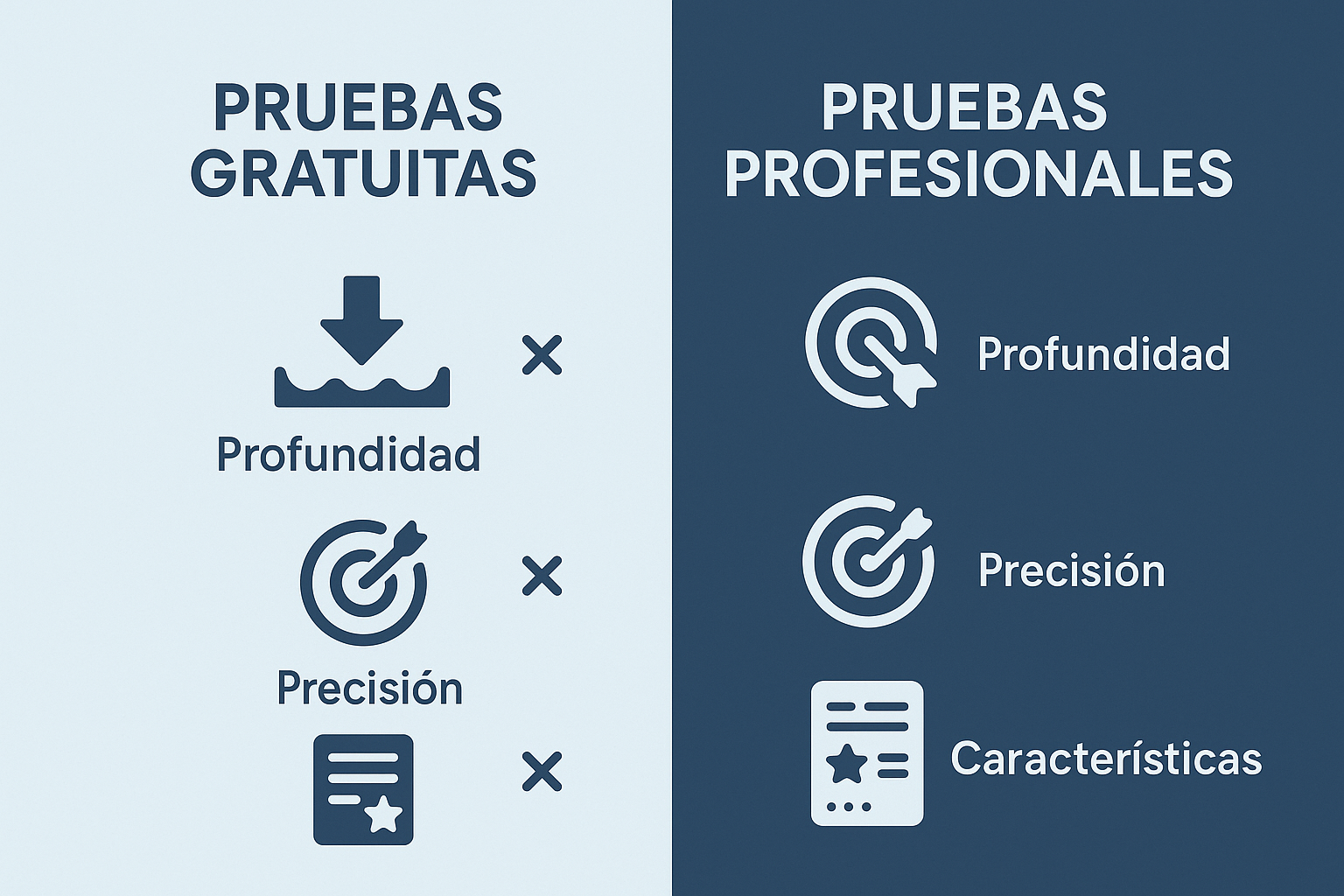 Create a 1024x1024 square image showing a comparison between free and professional psychometric tests. Design a split-screen visual with "Pr