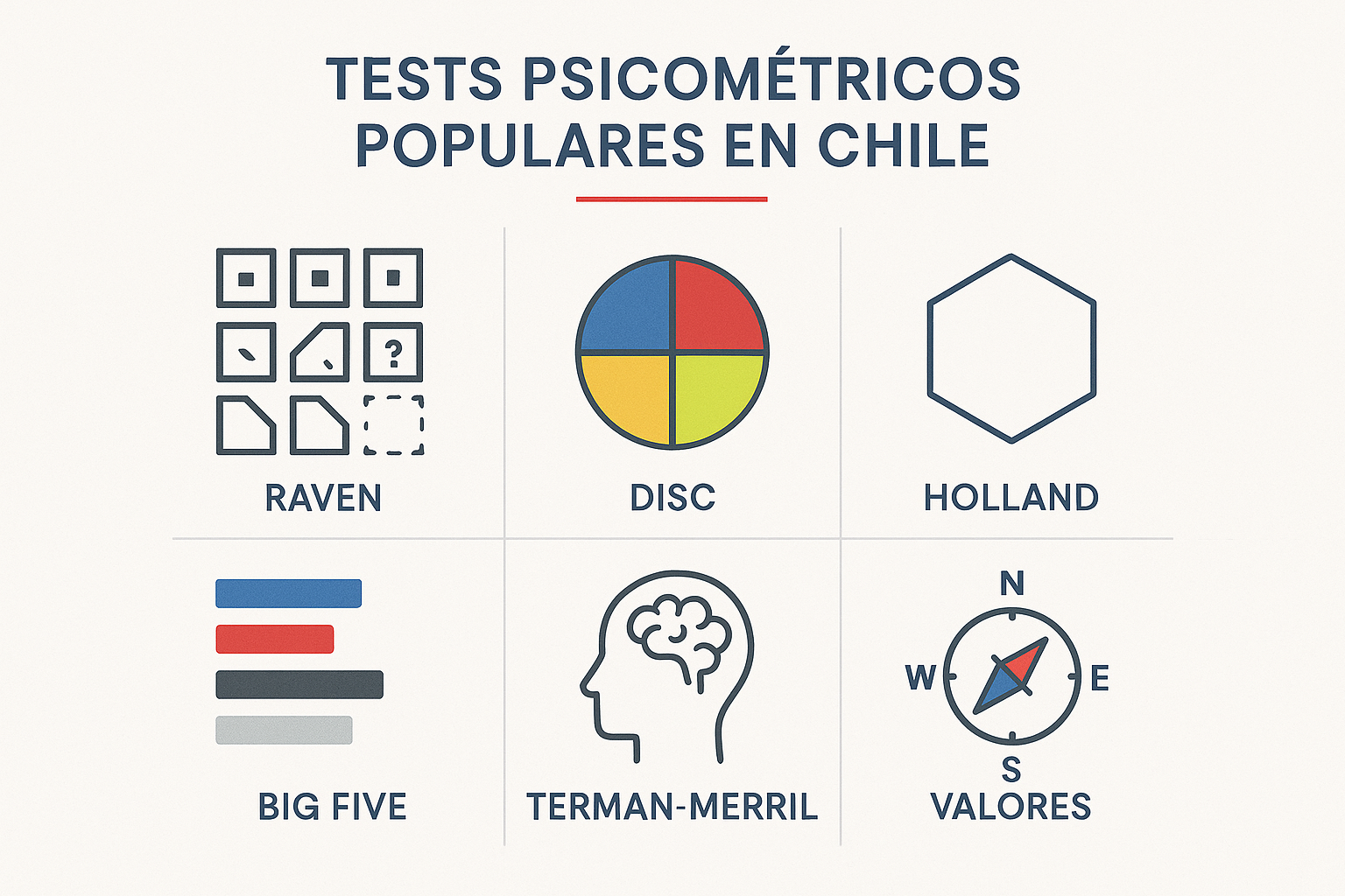 Create a 1024x1024 square image showing popular psychometric tests available in Chile. Design a grid of 6 test types with their names and si