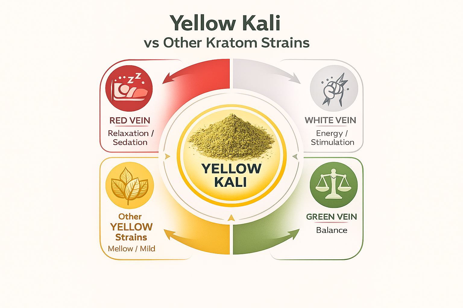 Create a 1024x1024 square comparison image titled "Yellow Kali vs Other Kratom Strains". Design a circular diagram or comparison chart showi