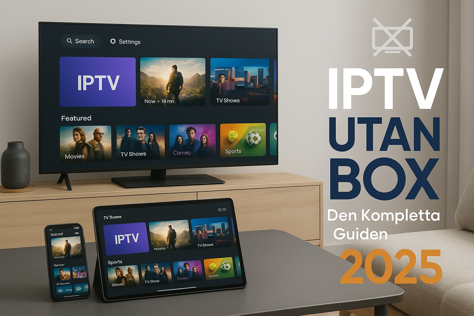 Create a beautifully designed cover image in 1536x1024 landscape format. Show a modern living room setup with a large smart TV displaying co