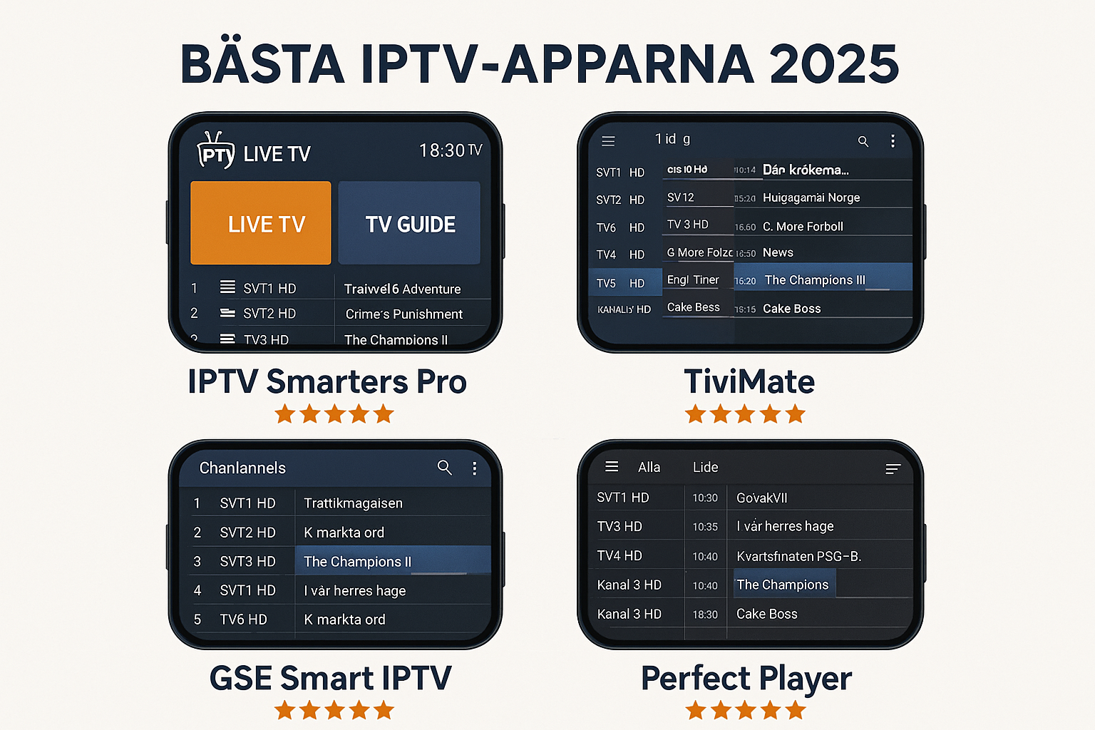 Create a 1024x1024 square image showing the top 4 IPTV apps for 2025. Display four smartphone screens arranged in a 2x2 grid, each showing a