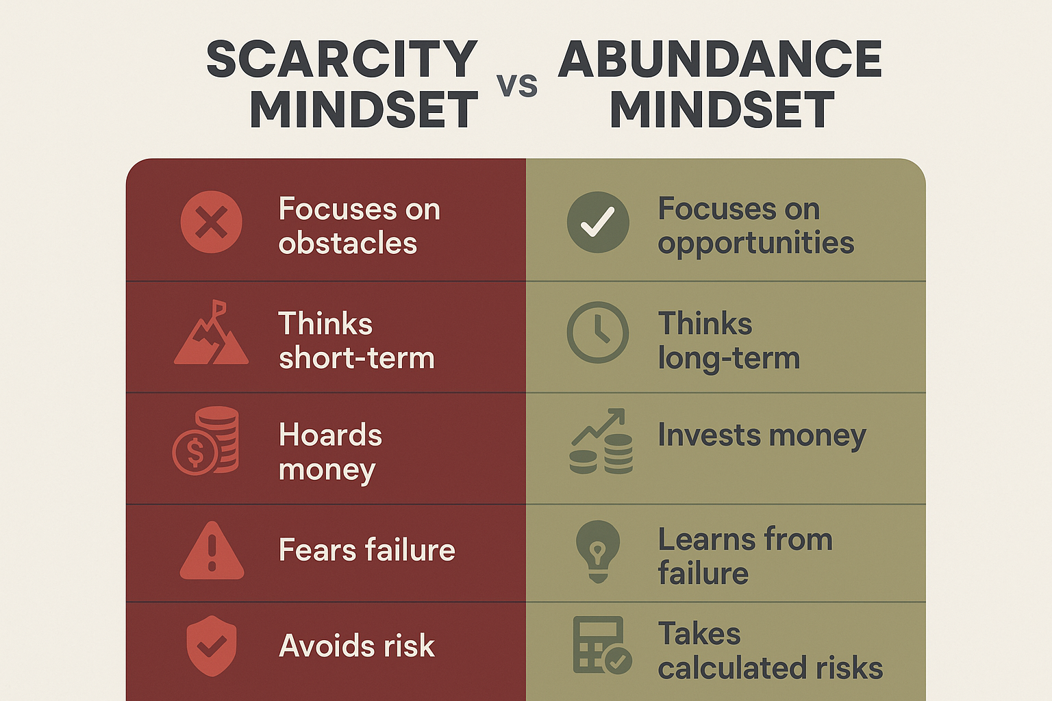 Create a square infographic (1024x1024) comparing "Scarcity Mindset vs Abundance Mindset" in a two-column table format. Left column in dark 