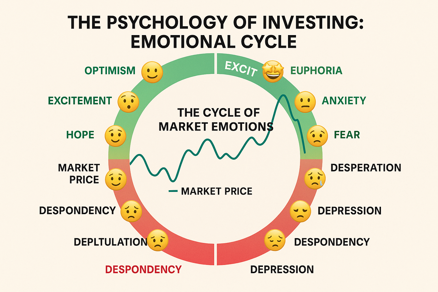 Create a landscape infographic (1536x1024) showing "The Cycle of Market Emotions" as a circular diagram. Start at the top with "Optimism" an
