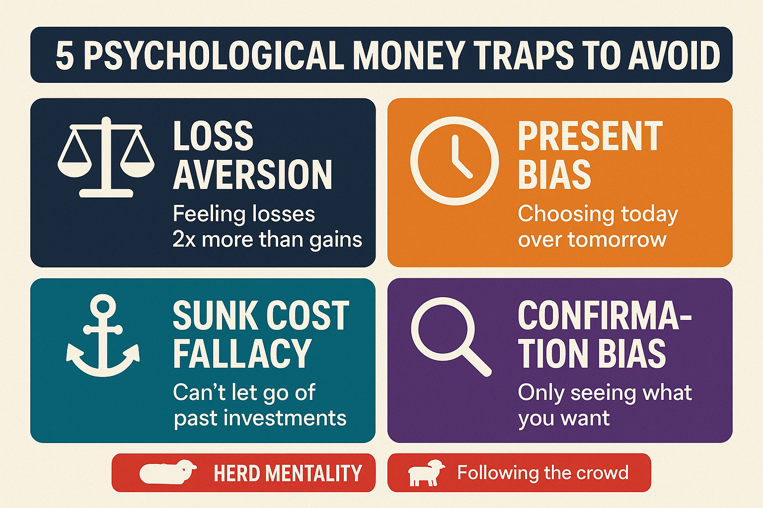 Create a landscape infographic (1536x1024) showing "5 Psychological Money Traps to Avoid" with five distinct sections arranged in a grid. Ea