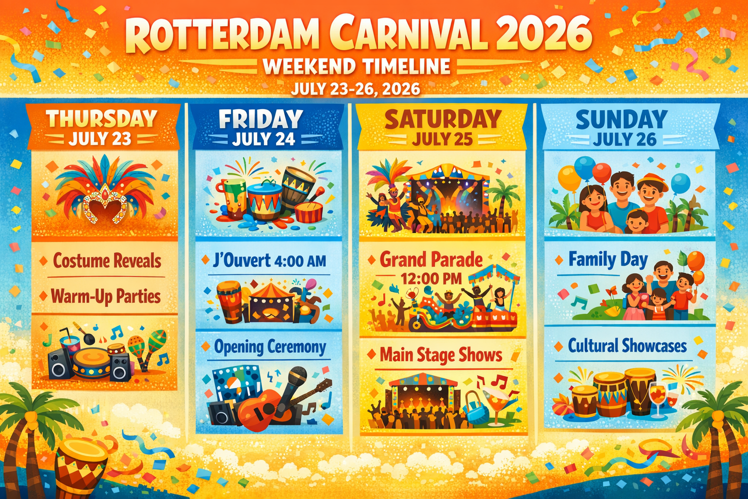A 1536x1024 landscape infographic showing the Rotterdam Carnival 2026 weekend timeline. Display four columns representing Thursday through S