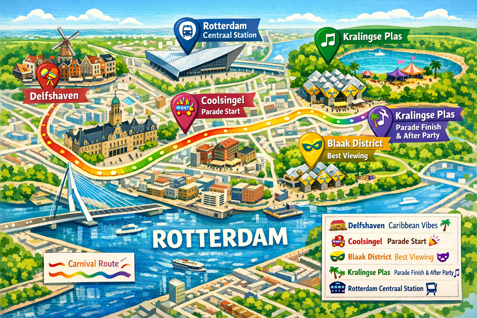 A 1536x1024 landscape image showing a map-style illustration of Rotterdam with key carnival locations marked. Highlight Coolsingel (parade s