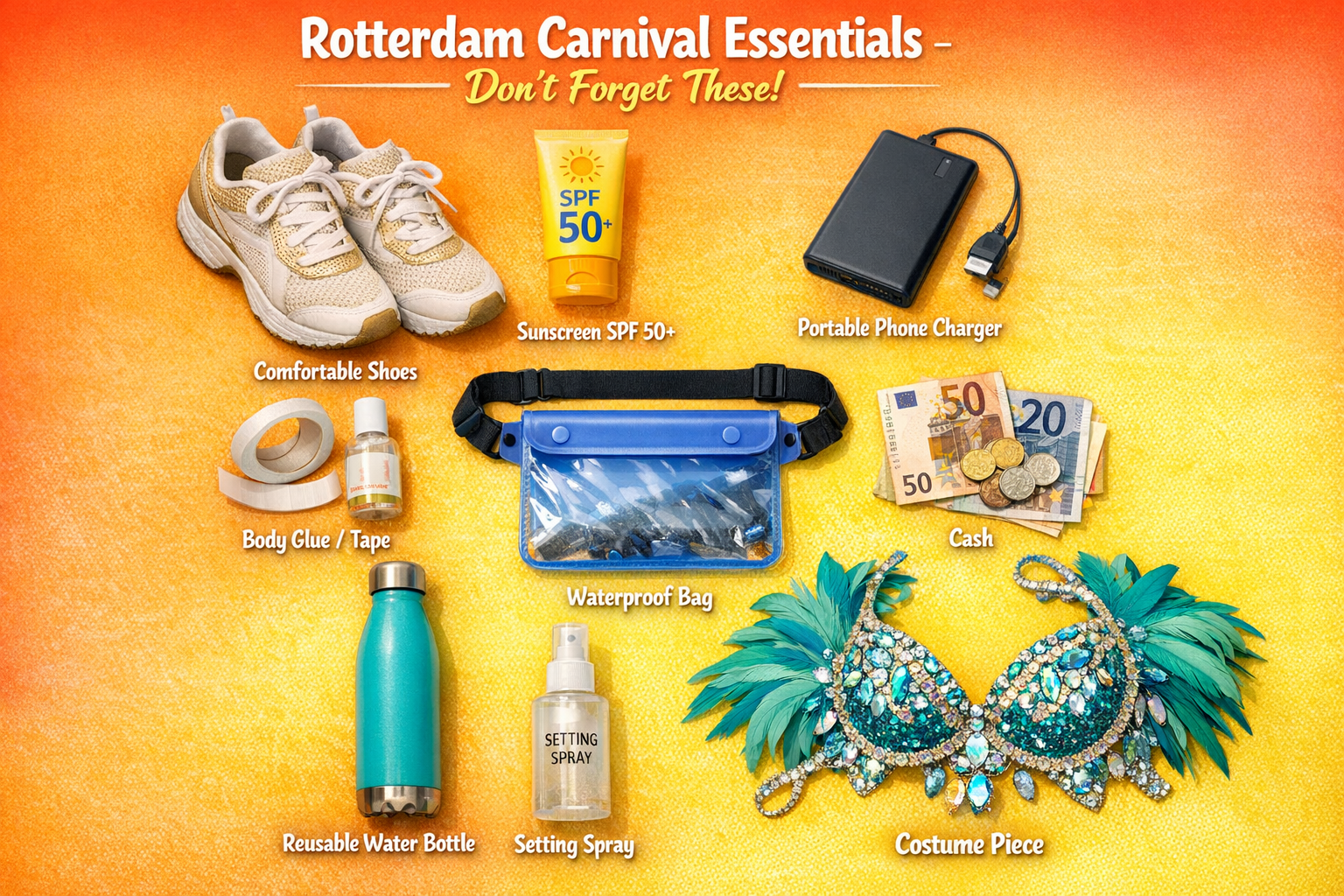 A 1024x1024 square image showing essential carnival packing items laid out aesthetically. Display items including: comfortable shoes, sunscr