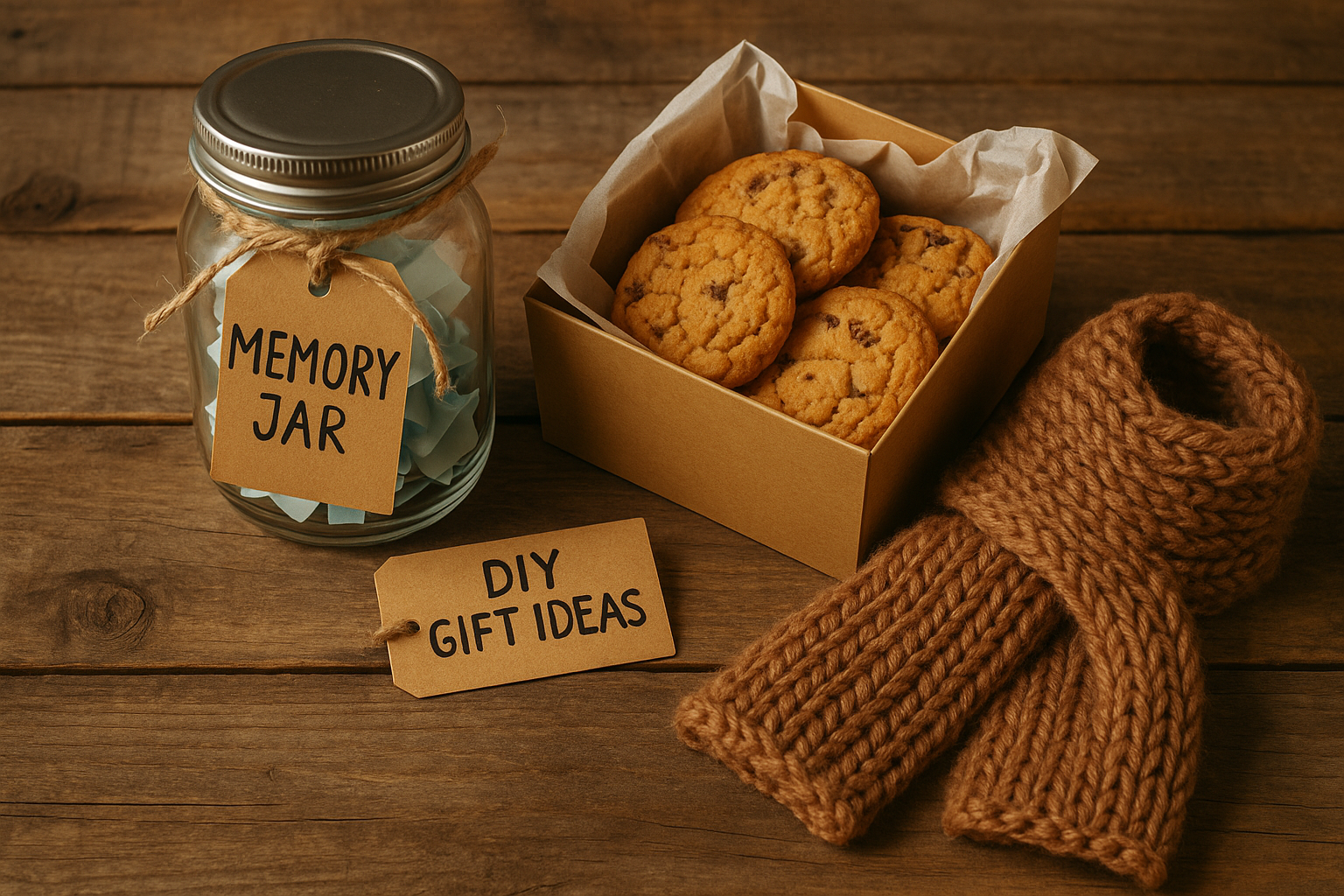 Square 1024x1024 image displaying DIY gift ideas including a memory jar filled with notes, homemade cookies in a gift box, and a hand-knitte