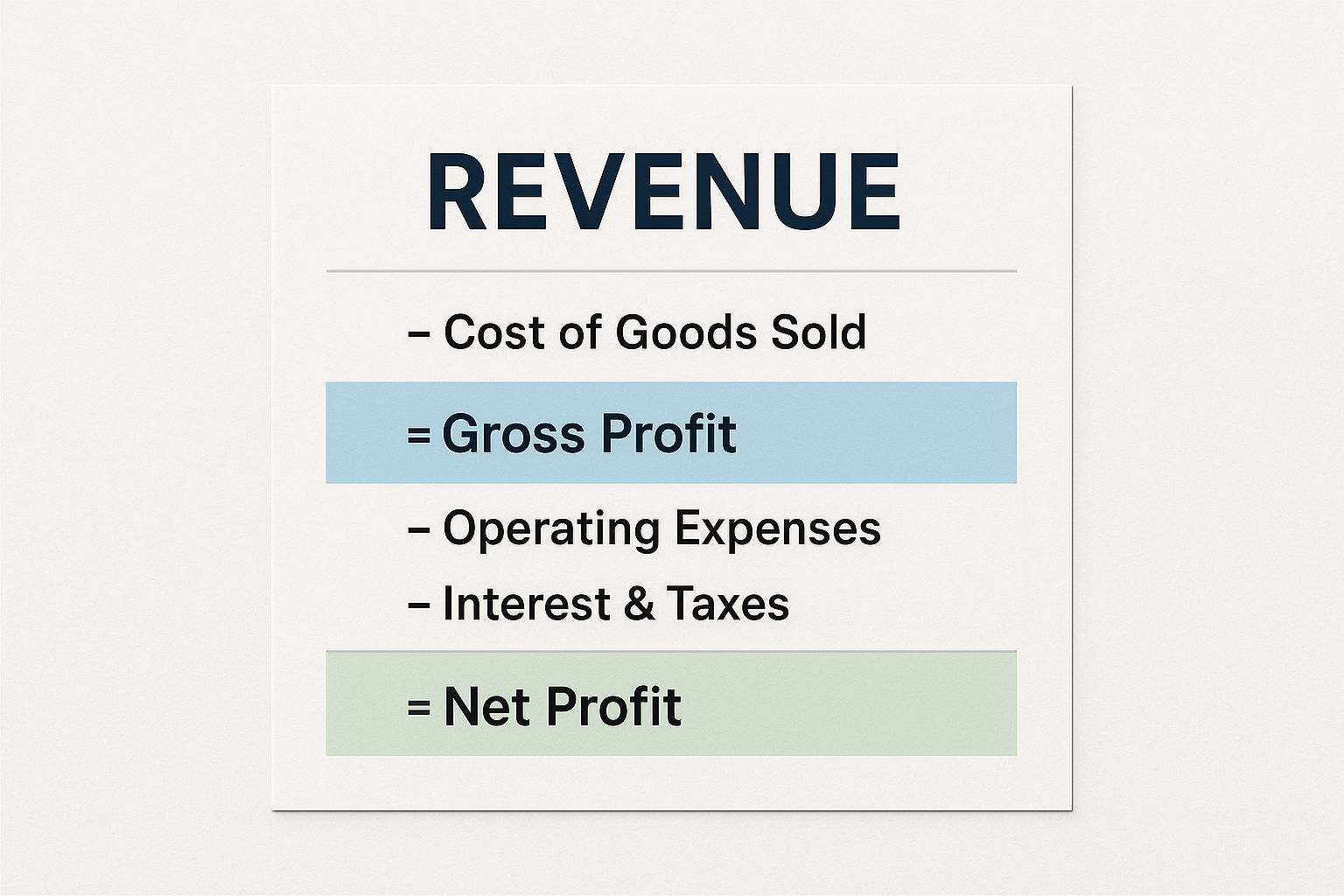 Create a 1024x1024 square image showing a simplified income statement layout. Display it as a professional document with clear sections: "Re
