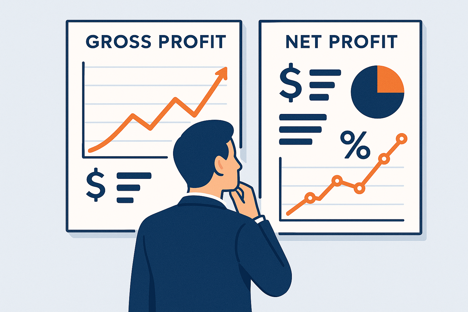 Create a 1024x1024 square illustration showing a business owner looking at two dashboards on a wall. One dashboard shows "GROSS PROFIT" with