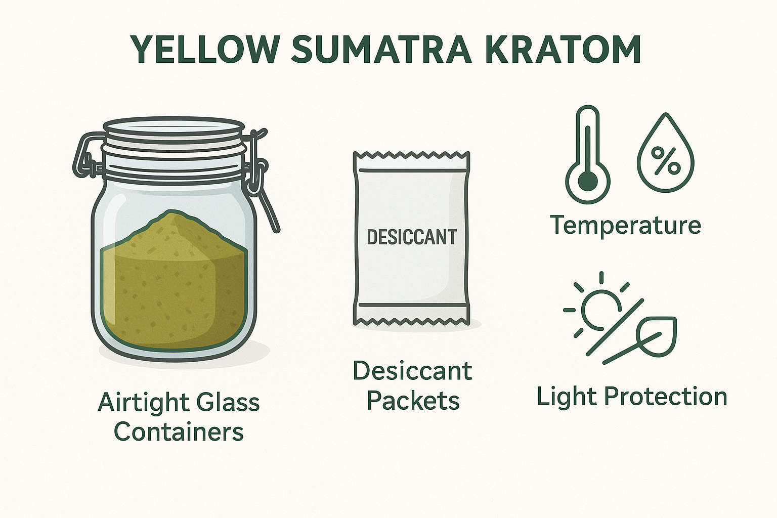 Create a 1024x1024 square image showing proper storage methods for Yellow Sumatra kratom, featuring airtight glass containers, desiccant pac