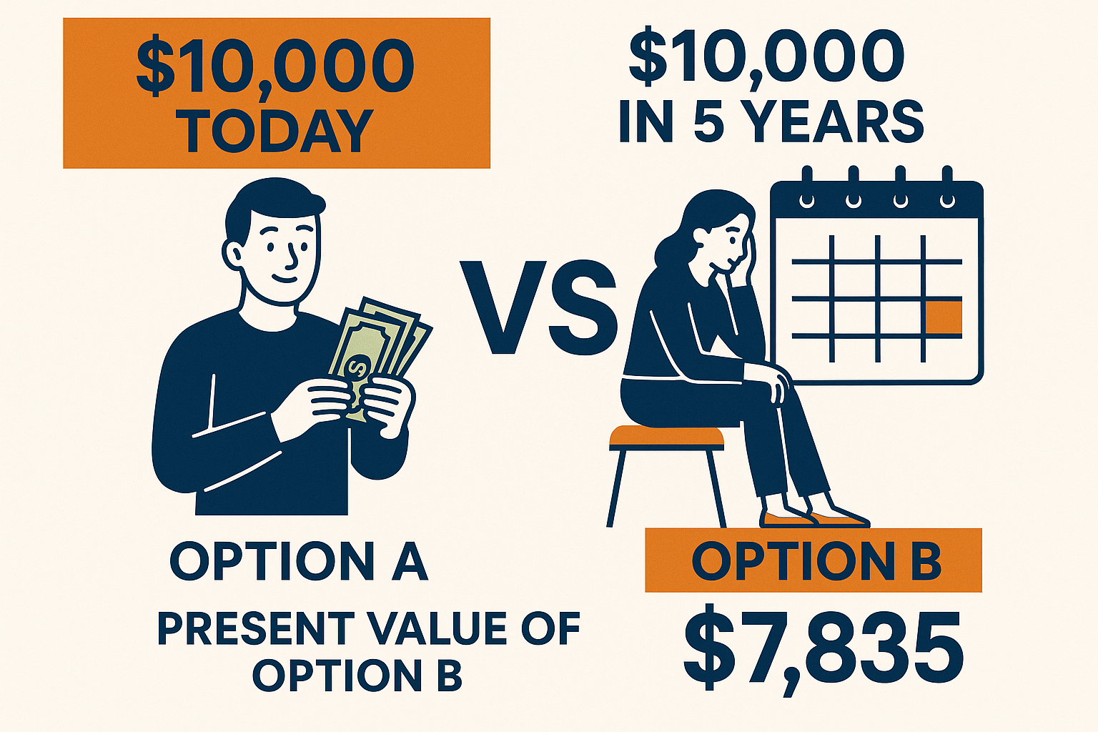 Square 1024x1024 illustration comparing two scenarios side-by-side. Left panel shows "$10,000 TODAY" with a person holding cash, labeled "Op