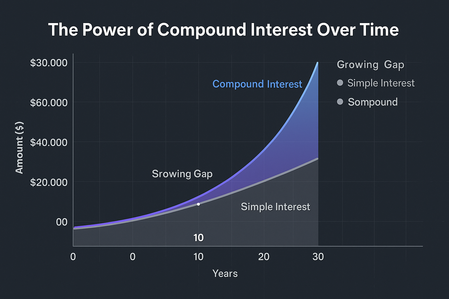 Landscape 1536x1024 infographic titled "The Power of Compound Interest Over Time." Line graph showing three curves: one for simple interest 