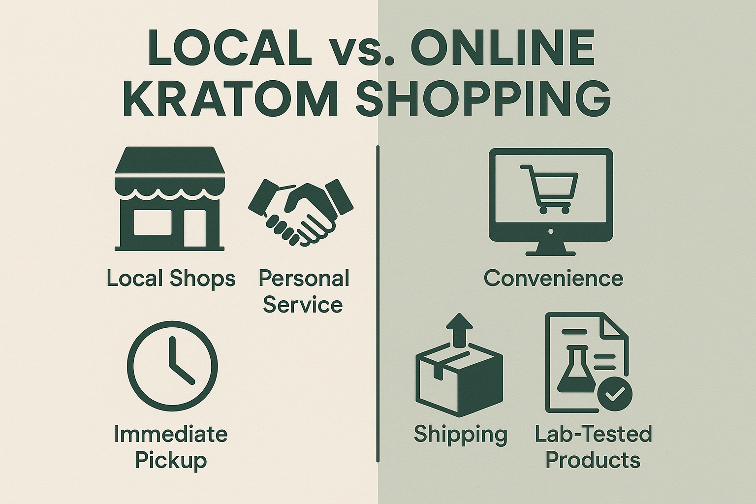 Create a square infographic (1024x1024) comparing local vs online kratom shopping benefits. Use a split-screen design with icons representin