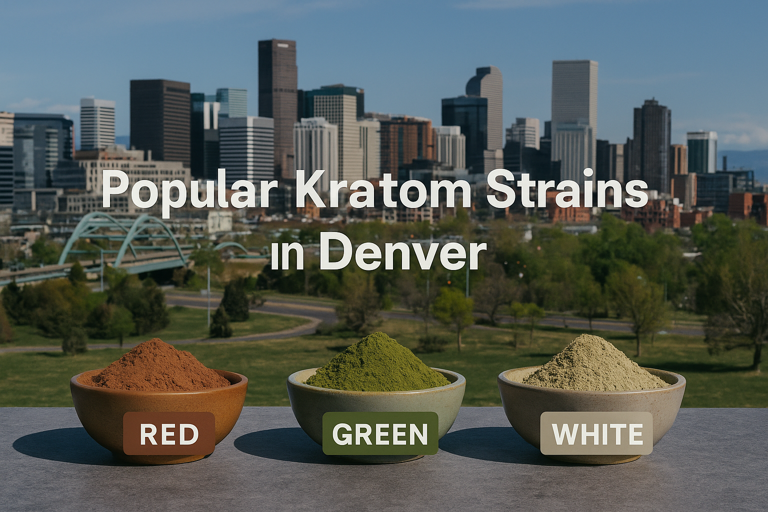 Create a landscape image (1536x1024) showing different kratom powder colors (red, green, white) in small bowls with labels. Include a Denver