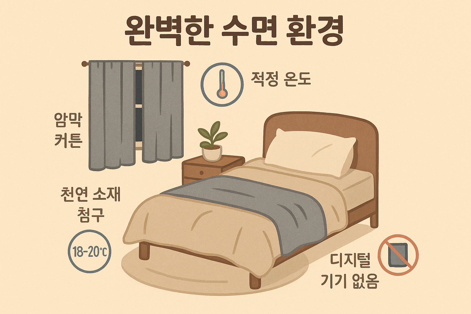 Create a 1024x1024 square illustration showing "완벽한 수면 환경" (perfect sleep environment). Display a cozy bedroom scene with labeled elements: