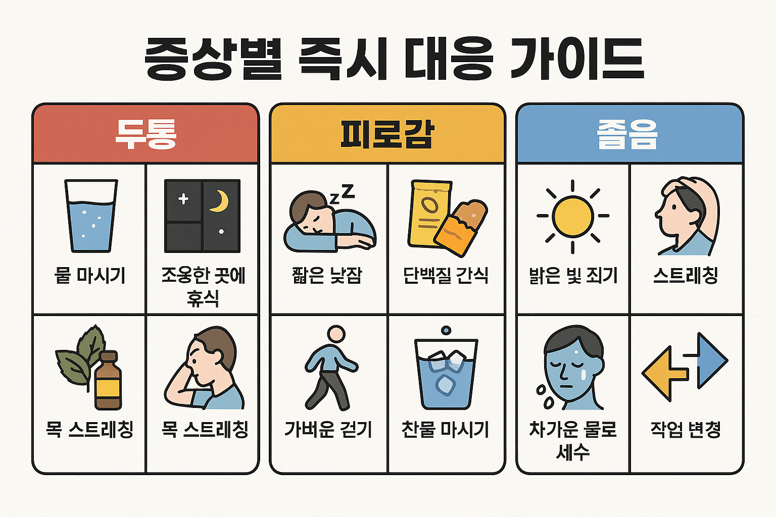 Create a 1536x1024 landscape infographic titled "증상별 즉시 대응 가이드" divided into three sections: "두통" (headache), "피로감" (fatigue), "졸음" (drowsin
