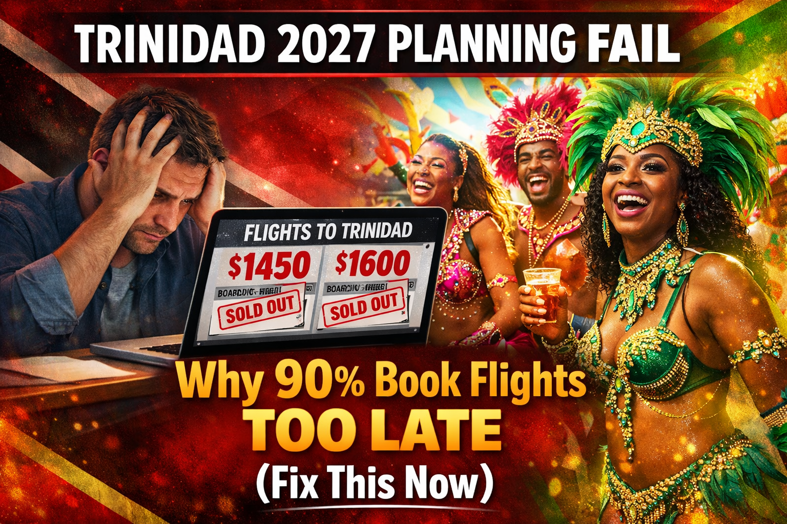 Cover image in 1536x1024 landscape format. Split design: Left side shows a stressed person at a laptop with expensive flight prices on scree