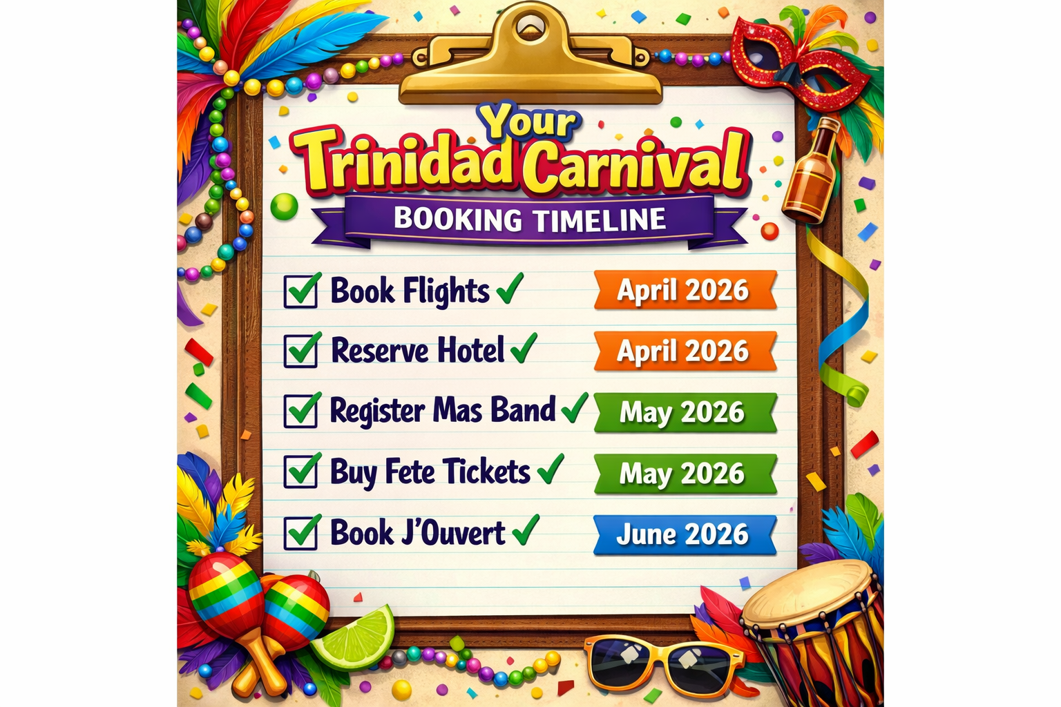 Square 1024x1024 image showing a colorful, organized carnival planning checklist. Design features a clipboard or planner aesthetic with chec