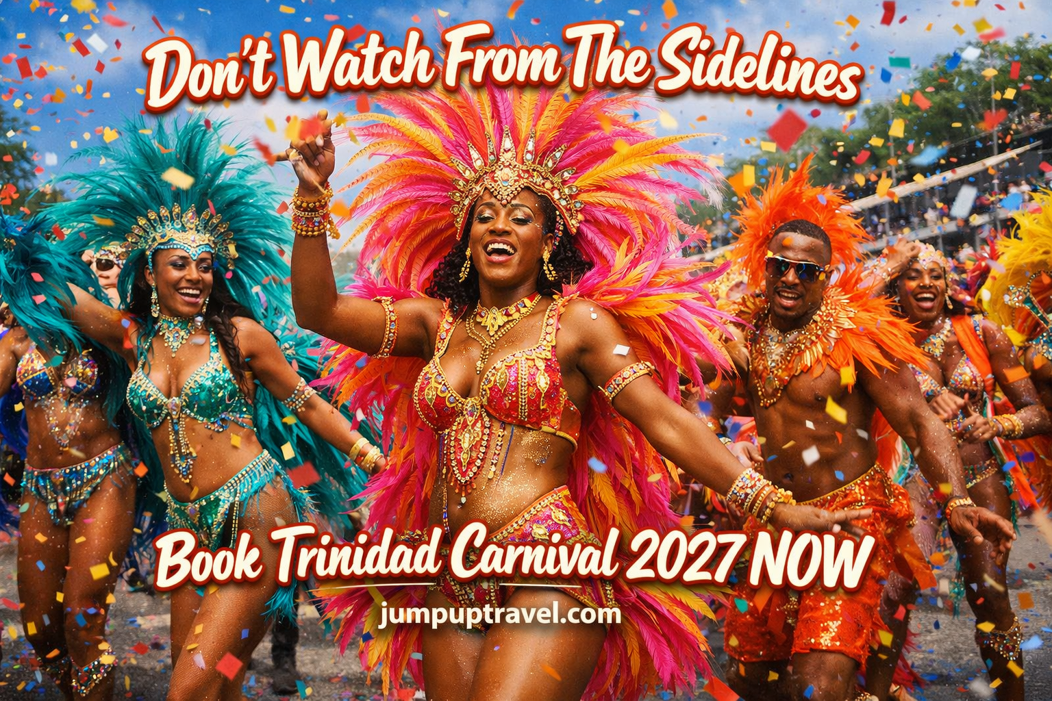 Square 1024x1024 image featuring a vibrant Trinidad Carnival scene with masqueraders in elaborate feathered costumes playing mas on the road