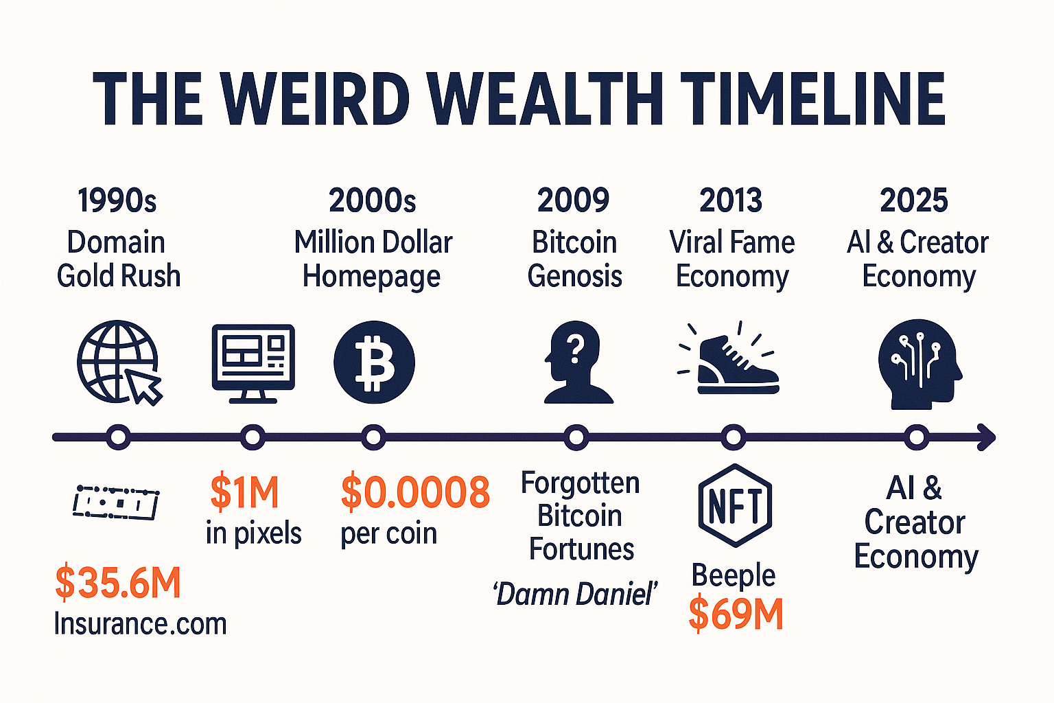 Infographic (1536x1024 landscape): "The Weird Wealth Timeline" showing major unconventional wealth events from 1990s to 2025. Horizontal tim