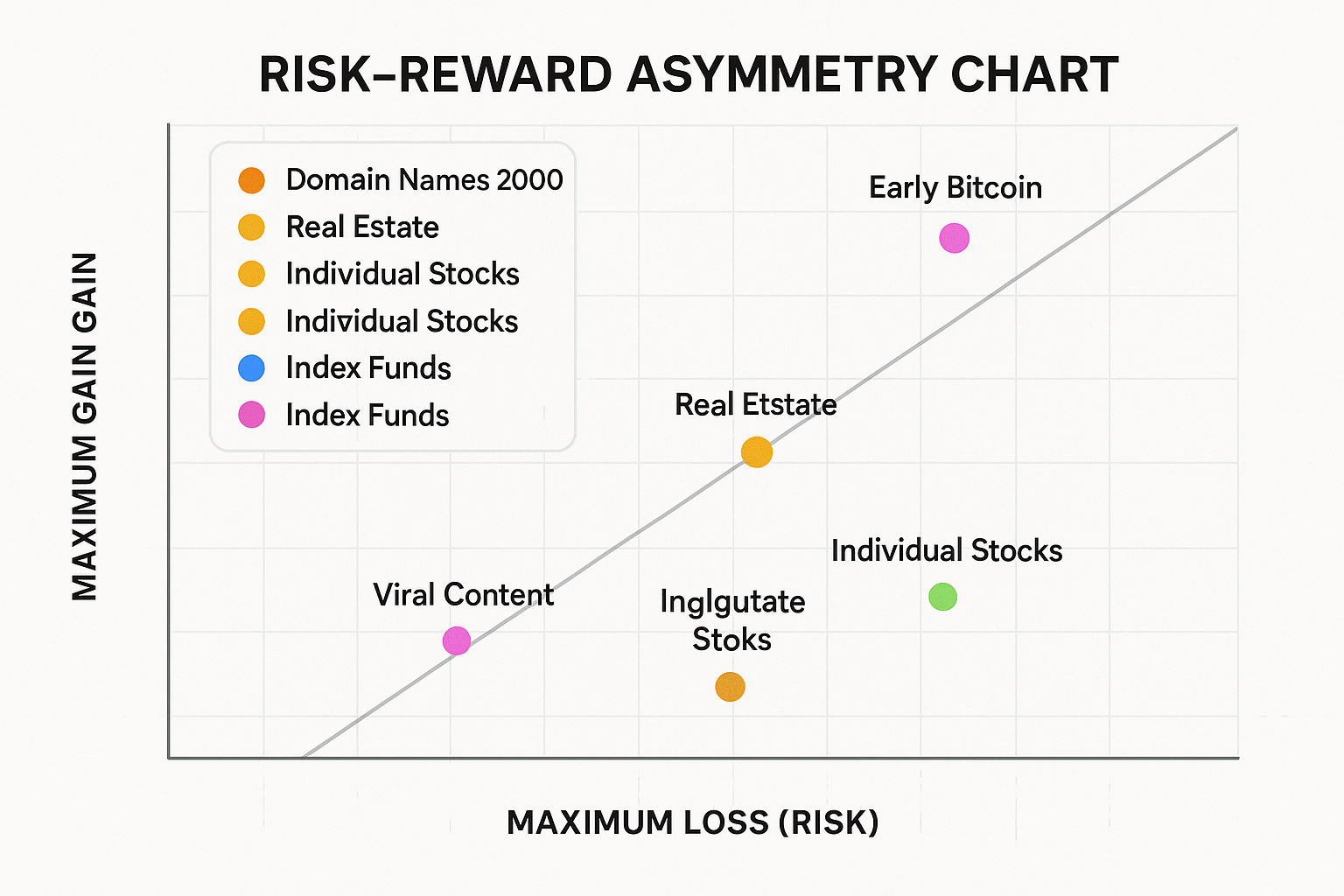 Data visualization (1536x1024 landscape): "Risk-Reward Asymmetry Chart" showing comparison of investment opportunities. Scatter plot with X-