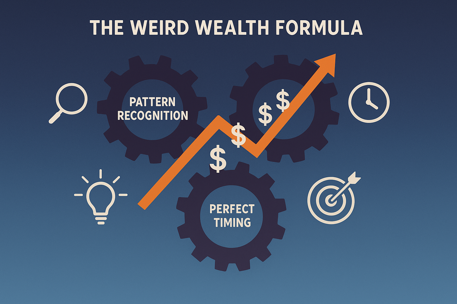 Illustration (1024x1024 square): Conceptual illustration of "The Weird Wealth Formula" showing three interconnected gears labeled "Pattern R