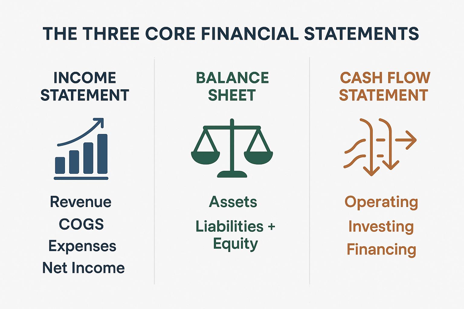 Infographic in 1536x1024 landscape format showing "The Three Core Financial Statements" with three equal columns. Left column: Income Statem