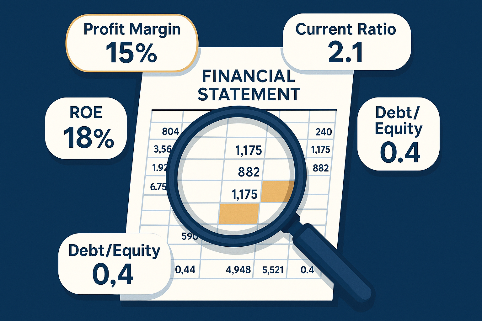 Square 1024x1024 format illustration showing a magnifying glass examining a financial statement document. The document shows clear, readable
